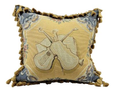 Vintage French Aubusson Style Wool Tapestry Throw Pillow, Music Theme