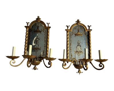 Gilt Iron Italian Mirror Back Sconces, a Pair