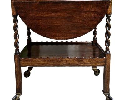 Antique English Tea Trolley Drinks Cart Barley Twist Dumbwaiter Drop Leaf Table