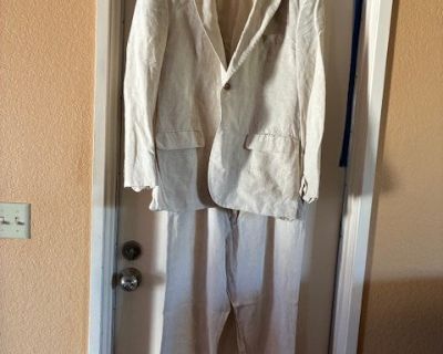 PANTS: WAIST: 34 / SEAM: 30 / LENGTH 31 JACKET: LARGE (42 -44 ) MATERIAL : 100% LINEN USED ONLY ONCE.