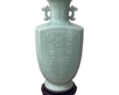 Antique Big & Heavy Celadon Glazed Crackle Porcelain Double Ear Vase Marked With Stand