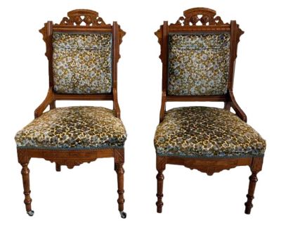 Pair of Antique Victorian Eastlake Carved Walnut Parlor Side Chairs