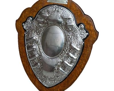 Antique English Dart Game Trophy Award Shield Oak Plaque Silver Plate C1909