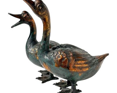 Vintage Japanese Verdigris & Copper Cast Iron Duck Figures