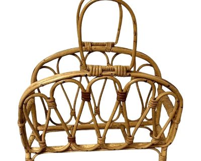 Mid-Century Rattan & Bamboo Magazine Rack Groovy 1970s Sculptural Honey Tone