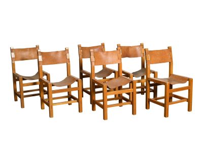 Vintage Elm and Leather Chairs- Set of 6