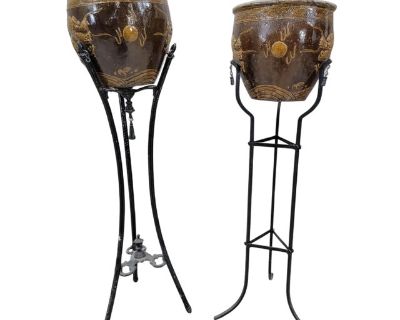 Vintage Iron Floor Plant Stand With Chinese Brown Glazed Ceramic Dragon Cachepot Planters - Pair