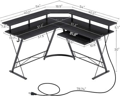 Corner desk with monitor shelf, built in power and USB chargers
