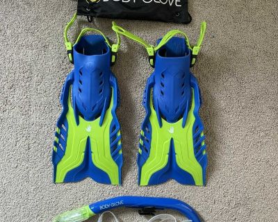 Body Glove JR L/XL Youth Snorkel Fin Set Blue/Green -used once