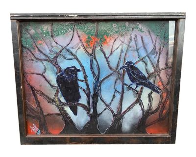 Vintage Mixed Media Glass Hanging Wall Art With Crows Signed by Mark Narens, Framed