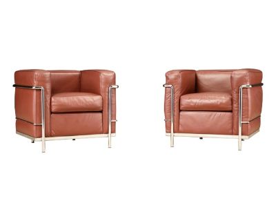 LC2' Leather Club Chairs by Le Corbusier for Cassina, c 1970s, Signed - A Pair