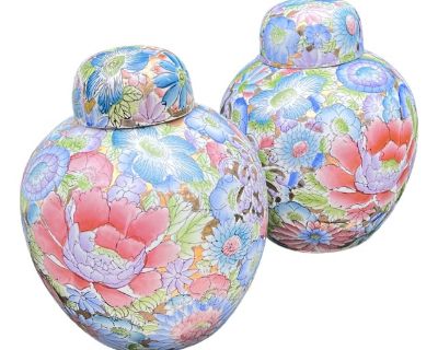 Late 20th Century Pair of Famille Rose Style Porcelain Ginger Jars – Hand-Painted Floral Design