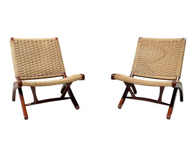 1960s Vintage Folding Rope Lounge Chairs Styled After Hans Wegner - a Pair