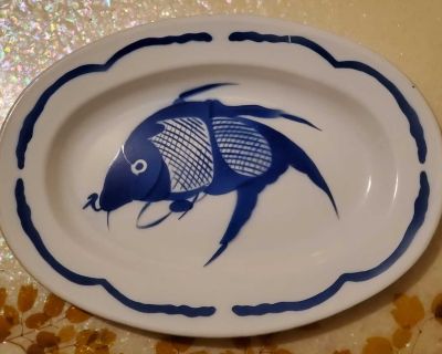Bumper Harvest Enamelware Cobalt Blue Koi Fish Tray or Platter