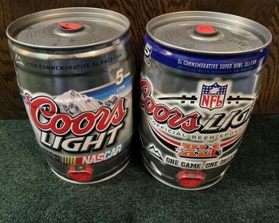 2 COORS LIGHT 5 liter kegs NASCAR and SUPERBOWL in good empty condition.