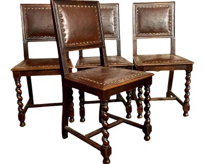 Antique Spanish Revival Barley Twist Leather Dining Chairs - Set of Four