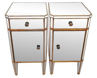 Pair French Mid-Century Modern Mirrored Nightstands