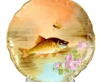 Antique Limoges Fish Charger Plate Gilt Trim, Wall Plaque