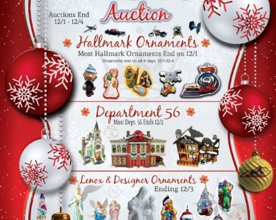 Top Half is only for the Online Auction - Live Auction As well, please see bottom of this listing

Collectible Houses and Figurines: Department 56, The Original Snow Village, The Heritage Village Series Collection, Coca-Cola, Christmas In The City, Dickens Village Series, McDonald's, New England Village Series. 

Collectible Christmas Ornaments:  Hallmark, Christopher Radko, Profiles

Byers Cho...