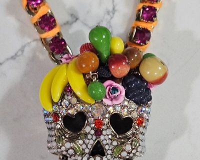 Signed as shown Chunky, heavy chain and pendant is rhinestone studded and adorned with glass fruit... Adjustable length measures 15-18" long Skull measures 2-3/4" x 2" x 1-1/2" deep Excellent condition Free Shipping no pickup