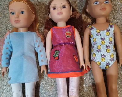 EACH!! OR ALL 3 $25.00 !!! 14-inch glitter girls doll, outfits, and SURFBOARD.