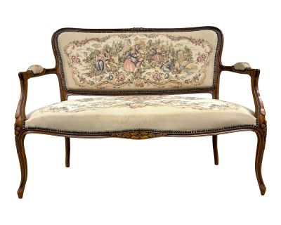 Vintage French Provincial Louis XV Style Chateau D’Ax Tapestry Settee Loveseat