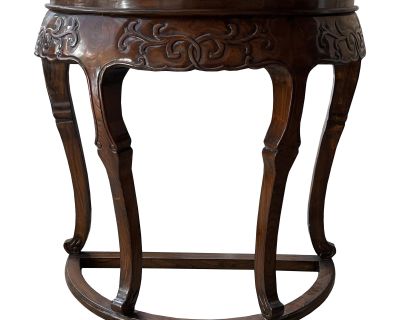 Vintage Chinese Brown Flower Carving Wood Half Round Pedestal Table