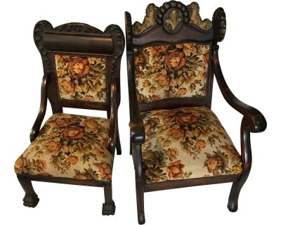 Vintage Mid Century Victorian King and Queen Parlor Chairs- A Pair