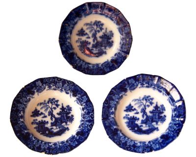 Scinde Pattern by T. Walker: Antique Ironstone Transferware Flow Blue Soup Bowls, Circa 1845-1851- Set of 3