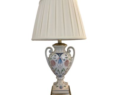 1990s Frederick Cooper Ceramic and Brass Table Lamp Featuring Blue and Pink Floral Design