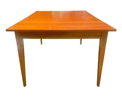 A beautiful Cherry shaker style Farm dining room table. Great design tapered legs & of course Ethan Allen quality. Measures 68 x 42 with 2 original skirted 18 leaves opens to 104 . Very good original patina with only 1 barely visible circular heat mark on 1 leaf. ( easily buffed out). An excellent table just acquired from a professionally designed meticulous estate. Ready for the next in time f...