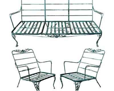 Vintage Woodard Style Wrought Iron Patio 3 Seat Sofa and Pair Lounge Chairs - 3 Pieces