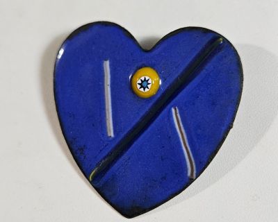 Vintage Modernist Blue ENAMELED COPPER HEART PIN