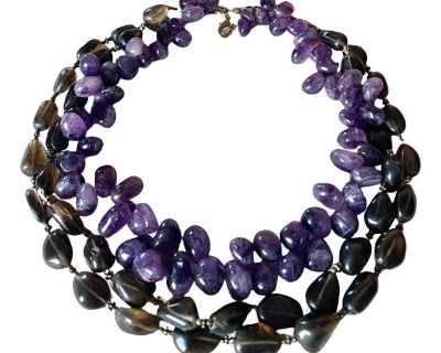 Double Strand Amethyst Necklace + Faux Smokey Topaz Necklace, Set of 2