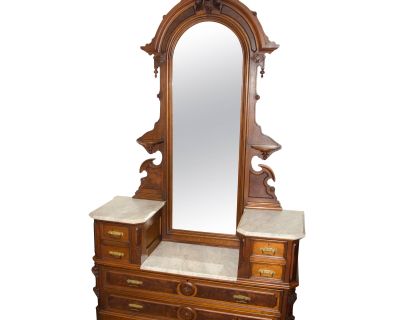 Antique Walnut American Renaissance Victorian Drop Well Dresser, Marble Tops
