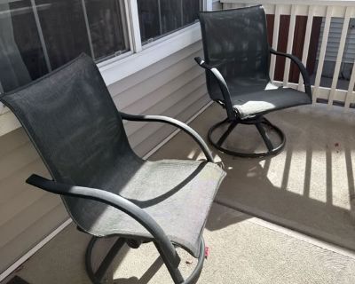 2 chairs and a glass table. Table height adjusts. Chair fabric is a bit torn. Won t fit our new space Check out the pictures at: