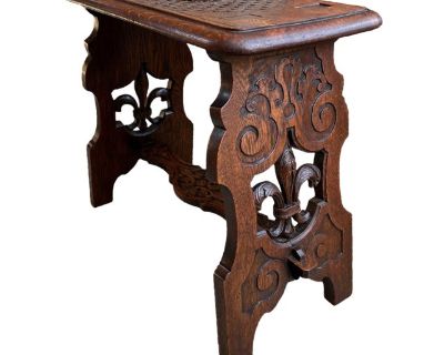 Antique French Bench Stool Gothic Renaissance Carved Oak Trestle Fleur De Lis