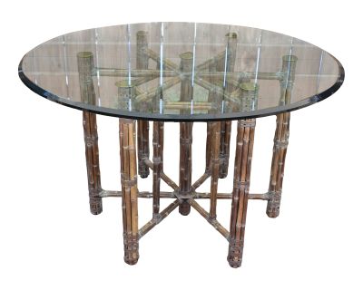 1970s Vintage Mid Century McGuire Bamboo Rattan & Glass Round Dining Table