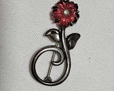 Vintage Sterling Silver Molded Glass Flower Pin