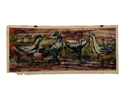 Mid 20th Century Modernist Artwork Birds Abstract Watercolor Saul Steinlauf