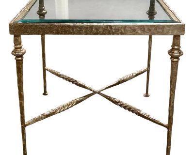 Nancy Corzine White gold gilt metal Side table 1 of 2 available. The Avignon side table features a hammered gilt metal frame and beveled glass.. Dimensions 21 W 21 D 20 H Styles Hollywood Regency Modern Neoclassical Revival Table Shape Square Brand Nancy Corzine Period 2000 - 2009 Country of Origin United States Item Type Vintage, Antique or Pre-owned Shop Sustainably with Chairish Materials Me...