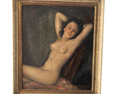 1900 German School Oil Painting on Board of a Reclining Female Nude, Framed and Signed