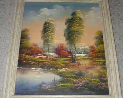 Oil on Canvas Art Landscape -  Signed Framed - Trees Water Flowers