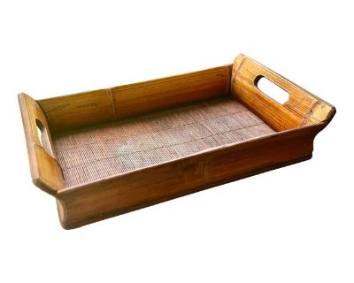 Large Vintage Handmade Bamboo and Split Reed Tray With Handles