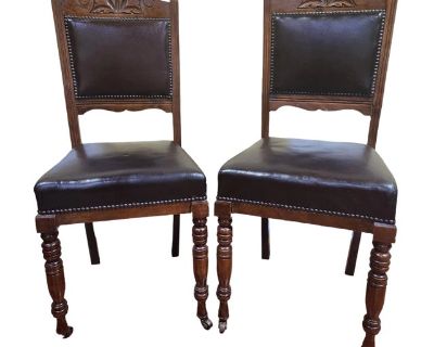 Mid 19th Century Victorian English Oak Gothic Revival Dining Chairs - A Pair