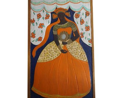1960s Haitian Voodoo Queen Carved Wood Relief Painting