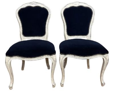 Pair of Louis XV Style Armchairs in Royal Blue Velvet With Nailhead Trim