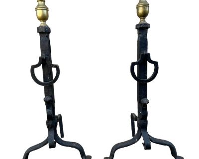 18th Century Brass and Forged Iron Andirons - a Pair
