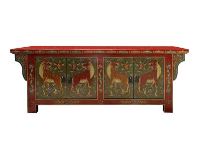 Chinese Tibetan Brick Red Jaguars Graphic Low Tv Console Table