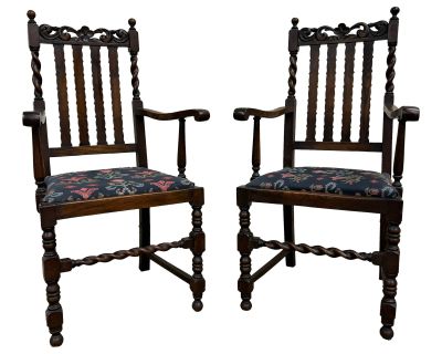 Antique Oak Barley Twist Arm Chairs - Pair